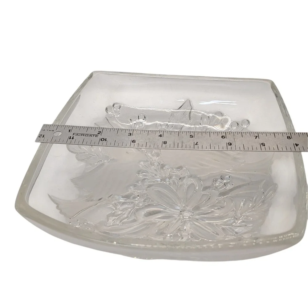 Vintage Gorham Crystal Square Bowl Dish Etched Cardinals Christmas Holly‎ Ribbon